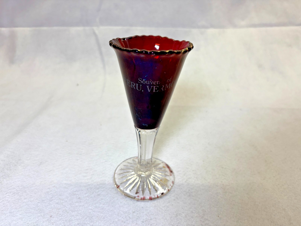 Ruby Stained Souvenir Glass Peru Vermont Vintage Etched Stemmed Cup